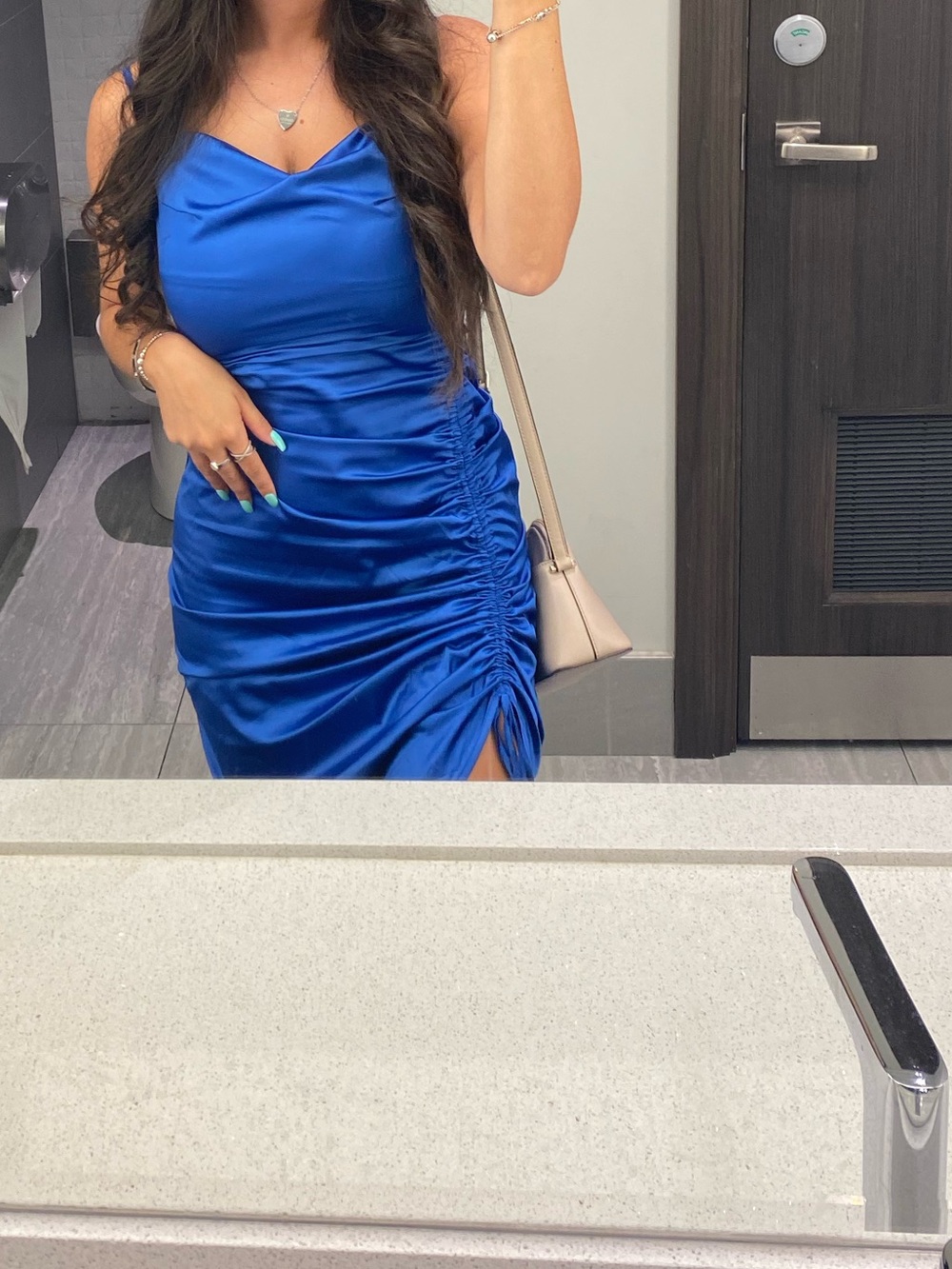 Missguided Blue Satin Cowl Ruched Side Midi Dress - Picture 4 of 5